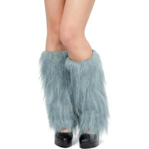 imageZando Women Y2K Fur Leg Warmers Soft Furry Leg Warmers for Women Winter Fluffy Boot Cuffs Covers Halloween Santa CostumeBlue Grey