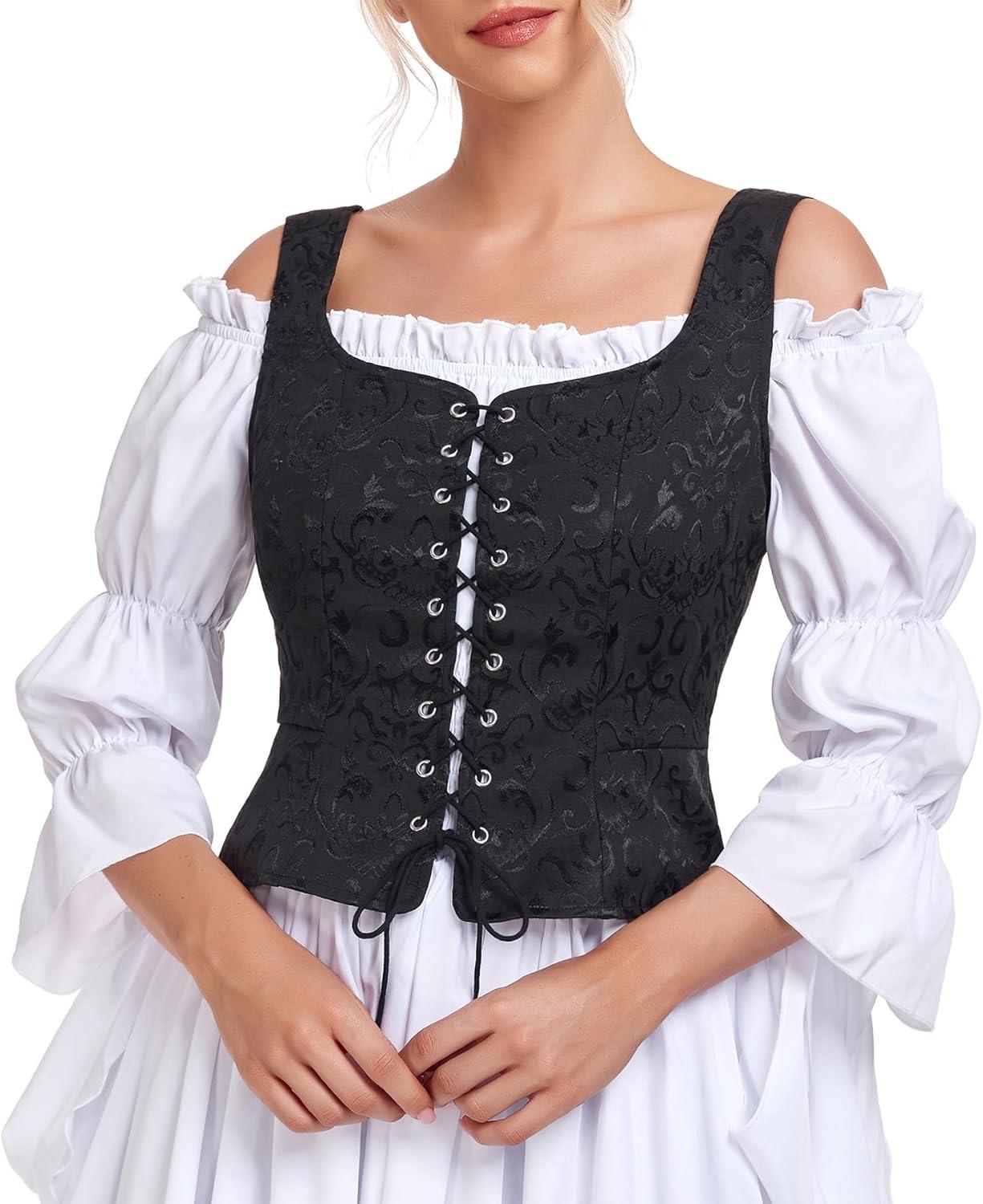 imageZando Renaissance Costume Women Pirate Medieval Viking Corsets Top Vintage Costume Steampunk Gothic Tank TopBlack Jacquard