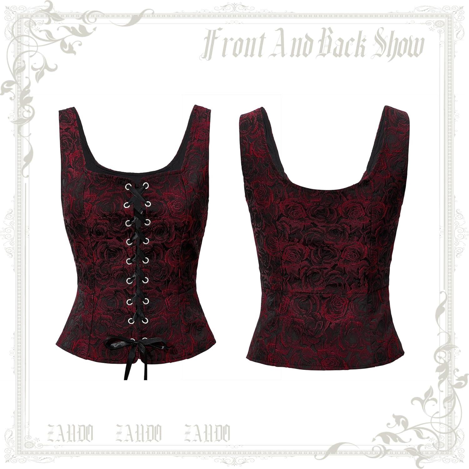 imageZando Renaissance Costume Women Pirate Medieval Viking Corsets Top Vintage Costume Steampunk Gothic Tank TopBlack Red Roses