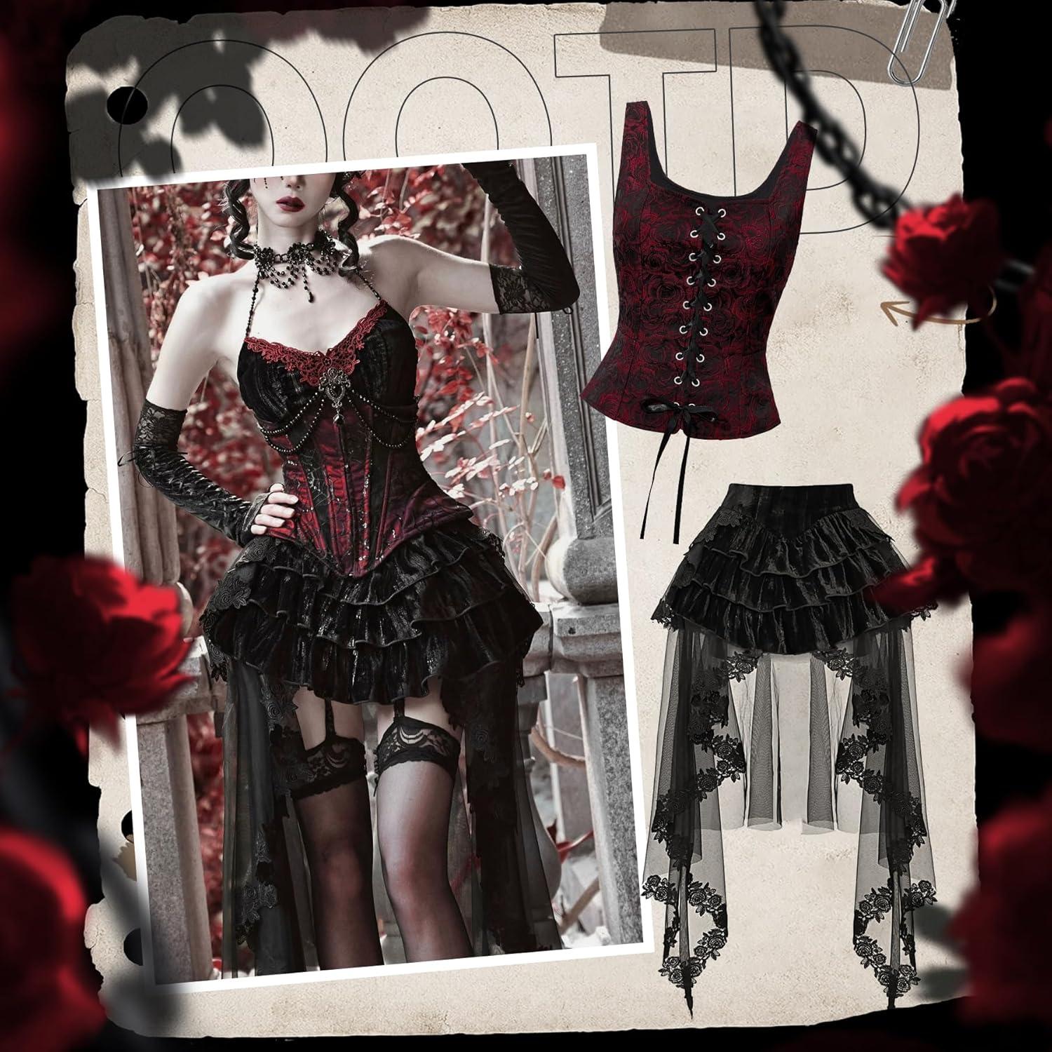 imageZando Renaissance Costume Women Pirate Medieval Viking Corsets Top Vintage Costume Steampunk Gothic Tank TopBlack Red Roses