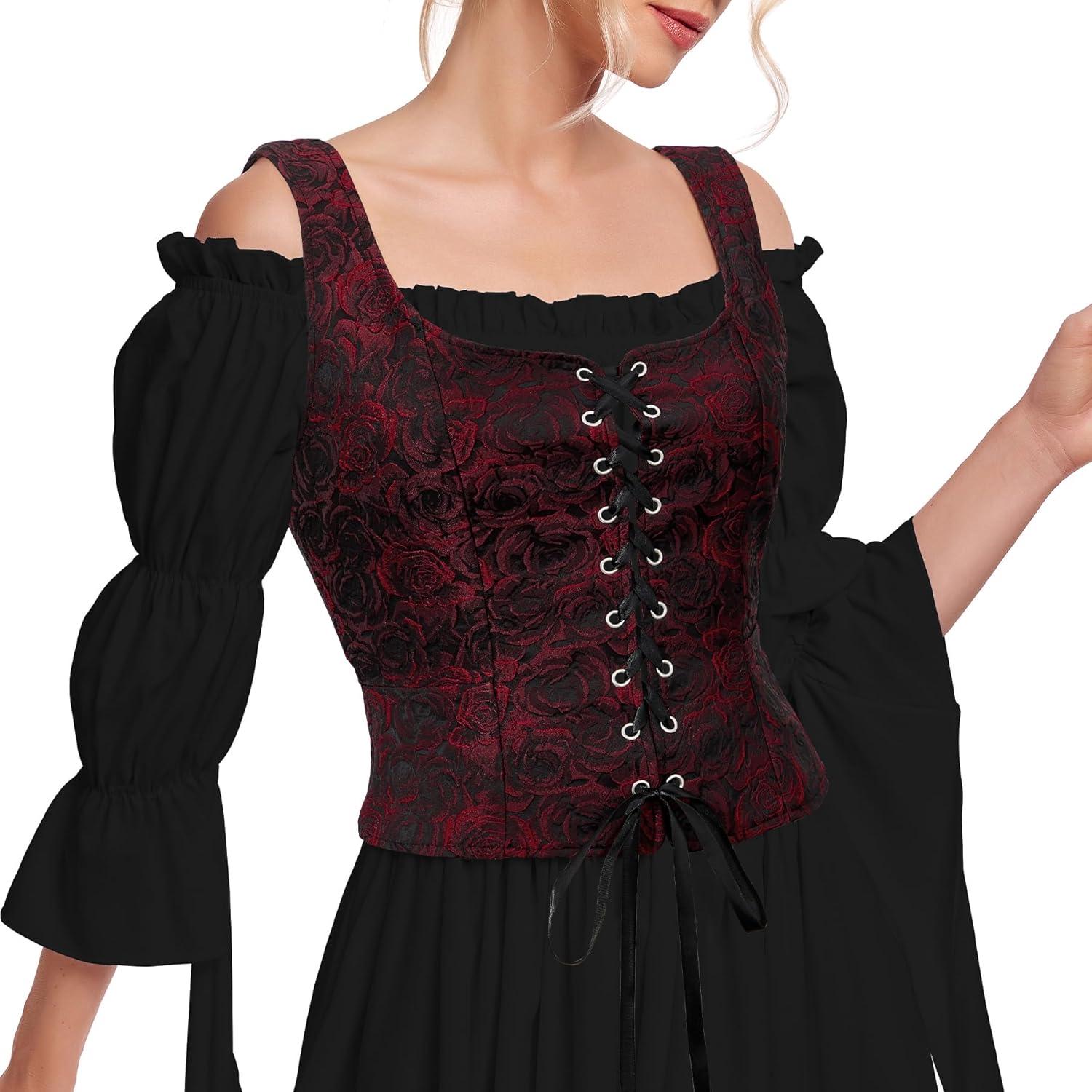 imageZando Renaissance Costume Women Pirate Medieval Viking Corsets Top Vintage Costume Steampunk Gothic Tank TopBlack Red Roses