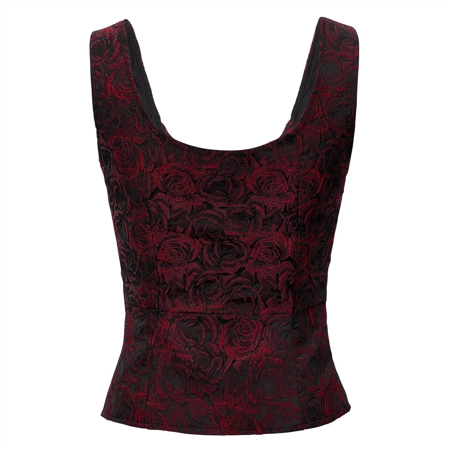 imageZando Renaissance Costume Women Pirate Medieval Viking Corsets Top Vintage Costume Steampunk Gothic Tank TopBlack Red Roses