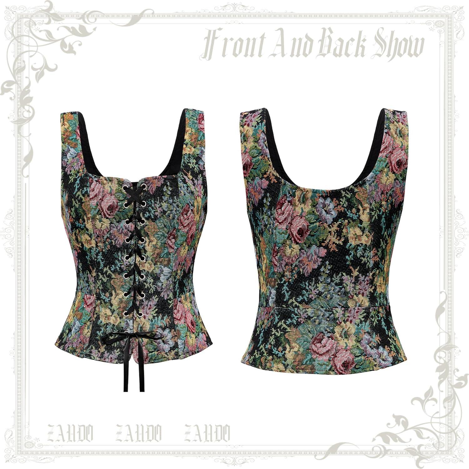 imageZando Renaissance Costume Women Pirate Medieval Viking Corsets Top Vintage Costume Steampunk Gothic Tank TopBlack Renaissance Floral
