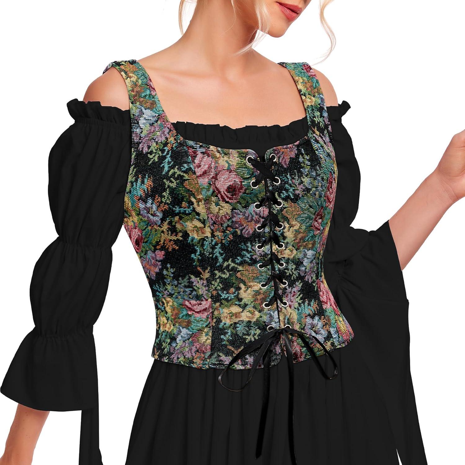 imageZando Renaissance Costume Women Pirate Medieval Viking Corsets Top Vintage Costume Steampunk Gothic Tank TopBlack Renaissance Floral
