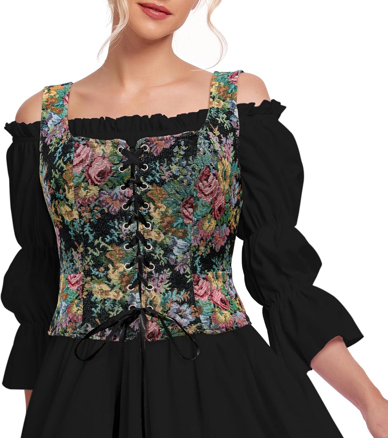 imageZando Renaissance Costume Women Pirate Medieval Viking Corsets Top Vintage Costume Steampunk Gothic Tank TopBlack Renaissance Floral