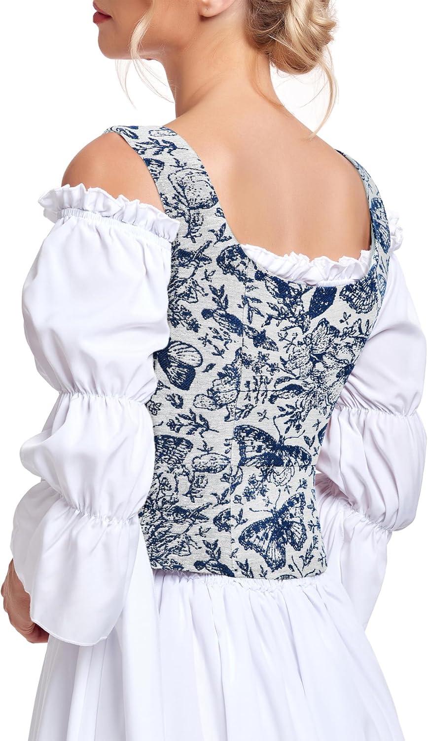 imageZando Renaissance Costume Women Pirate Medieval Viking Corsets Top Vintage Costume Steampunk Gothic Tank TopBlue Butterfly Print