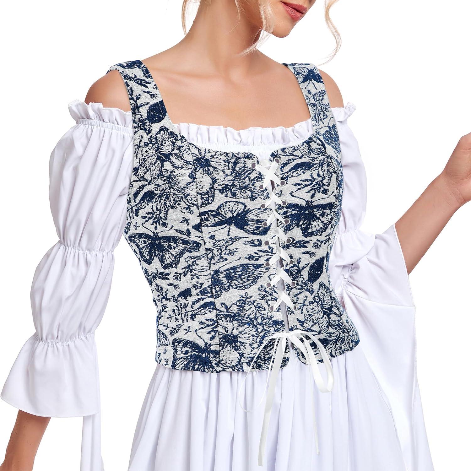 imageZando Renaissance Costume Women Pirate Medieval Viking Corsets Top Vintage Costume Steampunk Gothic Tank TopBlue Butterfly Print