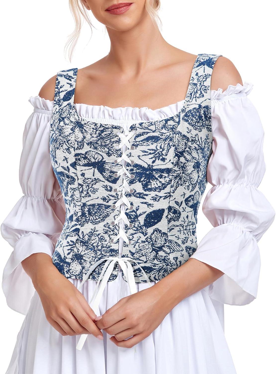 imageZando Renaissance Costume Women Pirate Medieval Viking Corsets Top Vintage Costume Steampunk Gothic Tank TopBlue Butterfly Print