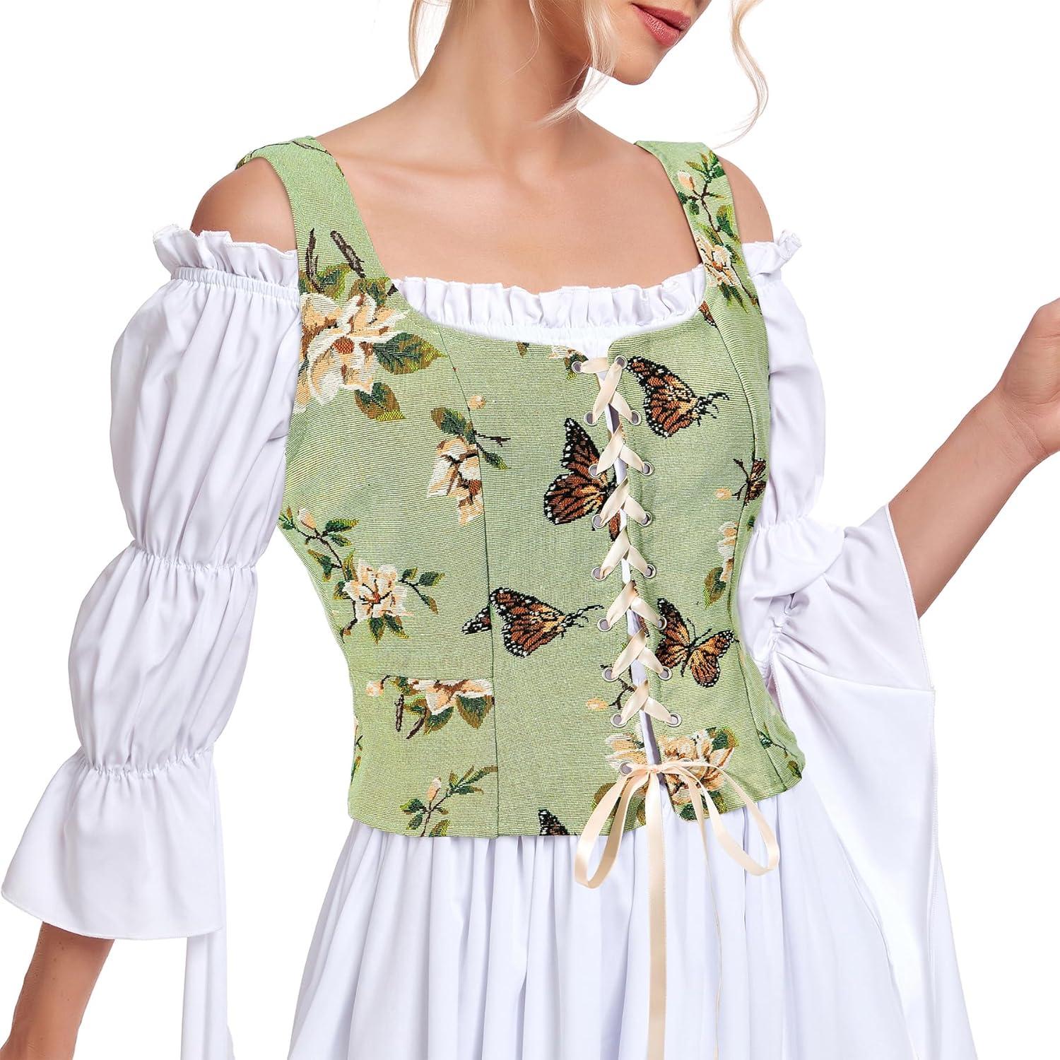 imageZando Renaissance Costume Women Pirate Medieval Viking Corsets Top Vintage Costume Steampunk Gothic Tank TopGreen Floral Butterfly