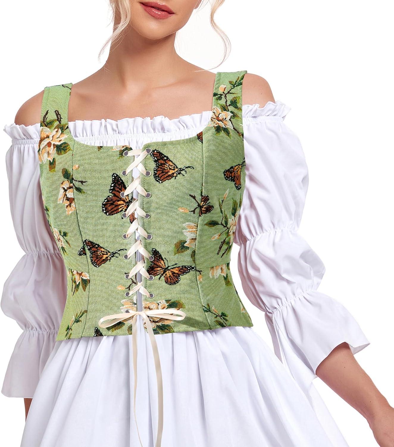imageZando Renaissance Costume Women Pirate Medieval Viking Corsets Top Vintage Costume Steampunk Gothic Tank TopGreen Floral Butterfly