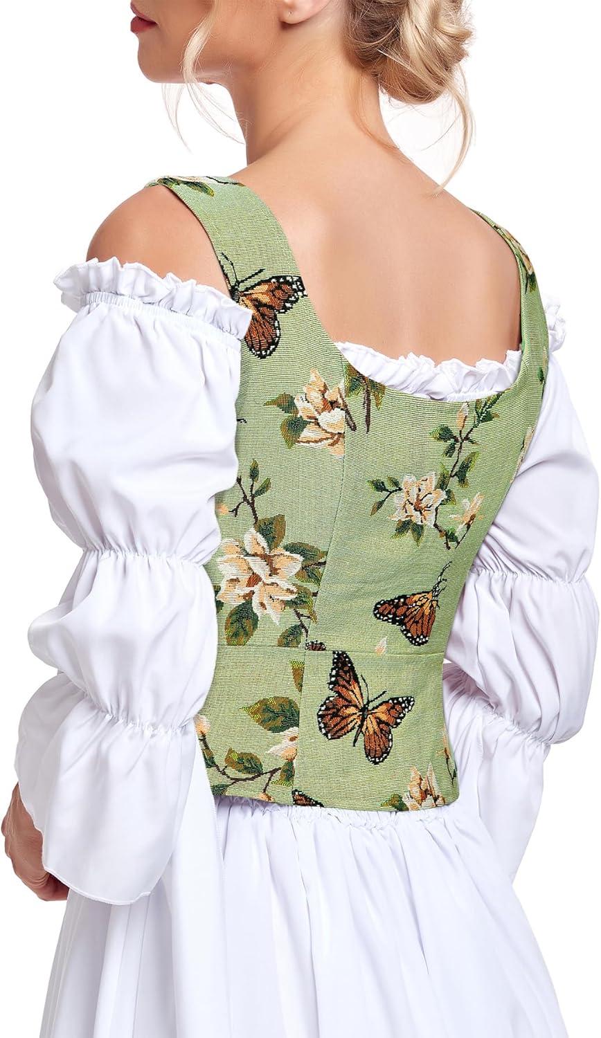 imageZando Renaissance Costume Women Pirate Medieval Viking Corsets Top Vintage Costume Steampunk Gothic Tank TopGreen Floral Butterfly