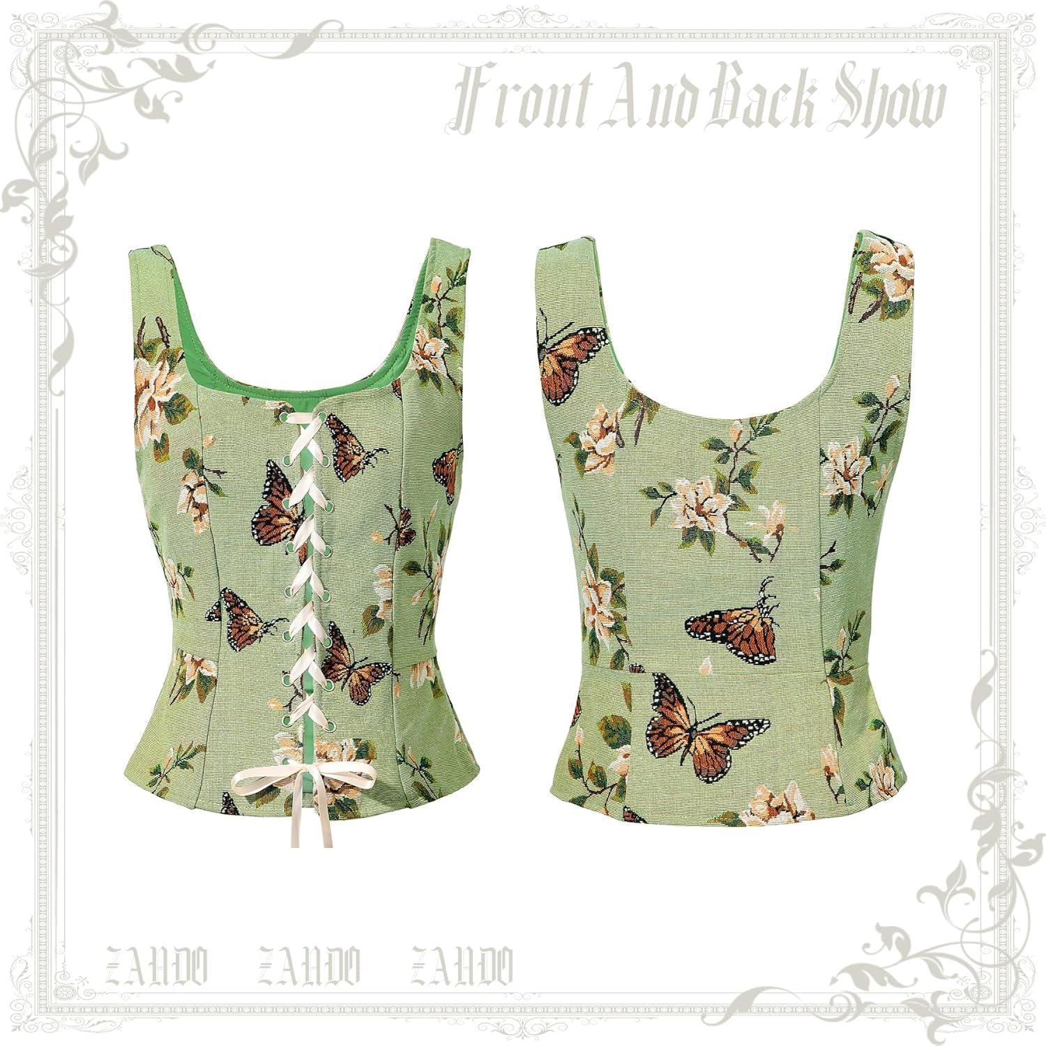 imageZando Renaissance Costume Women Pirate Medieval Viking Corsets Top Vintage Costume Steampunk Gothic Tank TopGreen Floral Butterfly