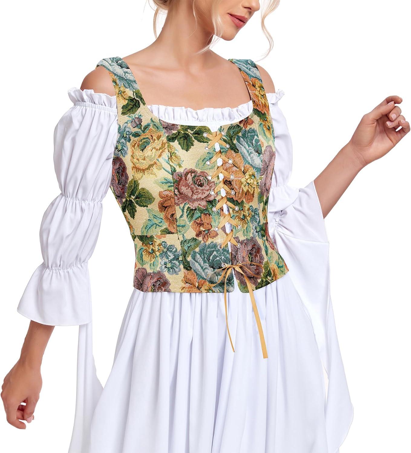 imageZando Renaissance Costume Women Pirate Medieval Viking Corsets Top Vintage Costume Steampunk Gothic Tank TopGreen Renaissance Floral