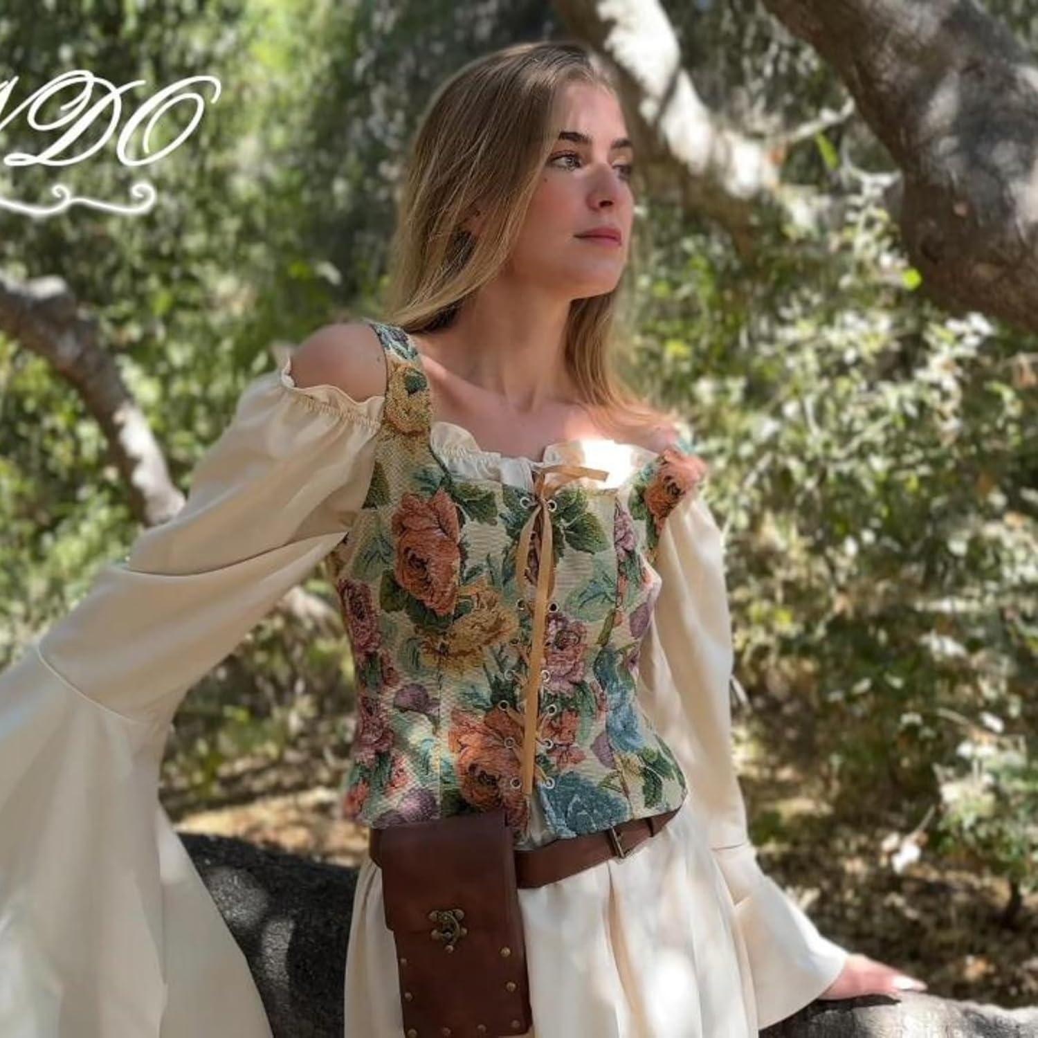 imageZando Renaissance Costume Women Pirate Medieval Viking Corsets Top Vintage Costume Steampunk Gothic Tank TopGreen Renaissance Floral