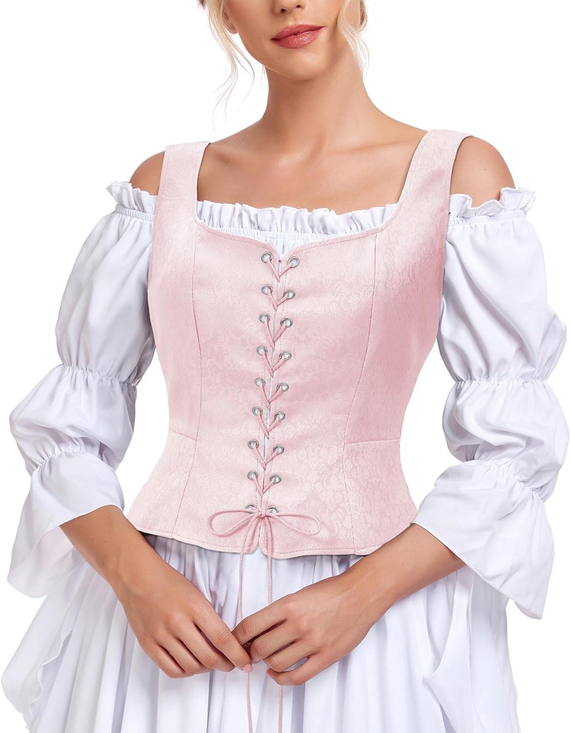 imageZando Renaissance Costume Women Pirate Medieval Viking Corsets Top Vintage Costume Steampunk Gothic Tank TopPink Jacquard