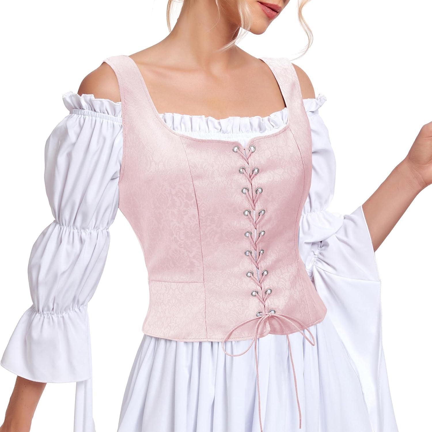 imageZando Renaissance Costume Women Pirate Medieval Viking Corsets Top Vintage Costume Steampunk Gothic Tank TopPink Jacquard