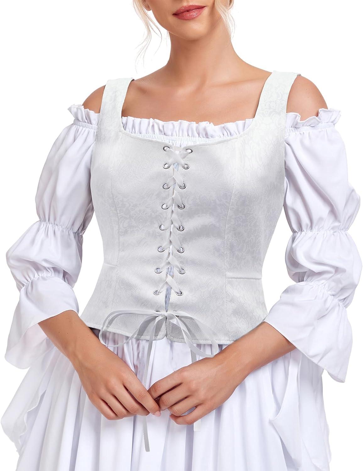 imageZando Renaissance Costume Women Pirate Medieval Viking Corsets Top Vintage Costume Steampunk Gothic Tank TopWhite Jacquard