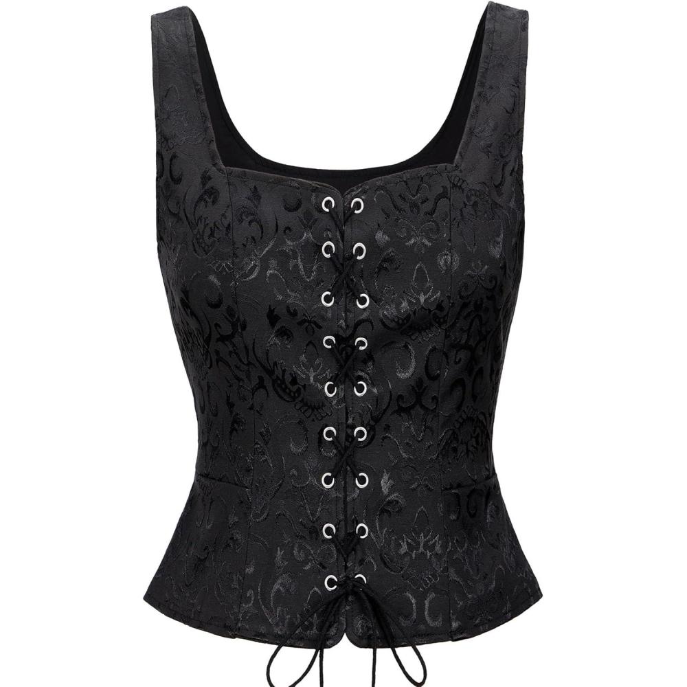imageZando Renaissance Costume Women Pirate Medieval Viking Corsets Top Vintage Costume Steampunk Gothic Tank TopBlack Jacquard