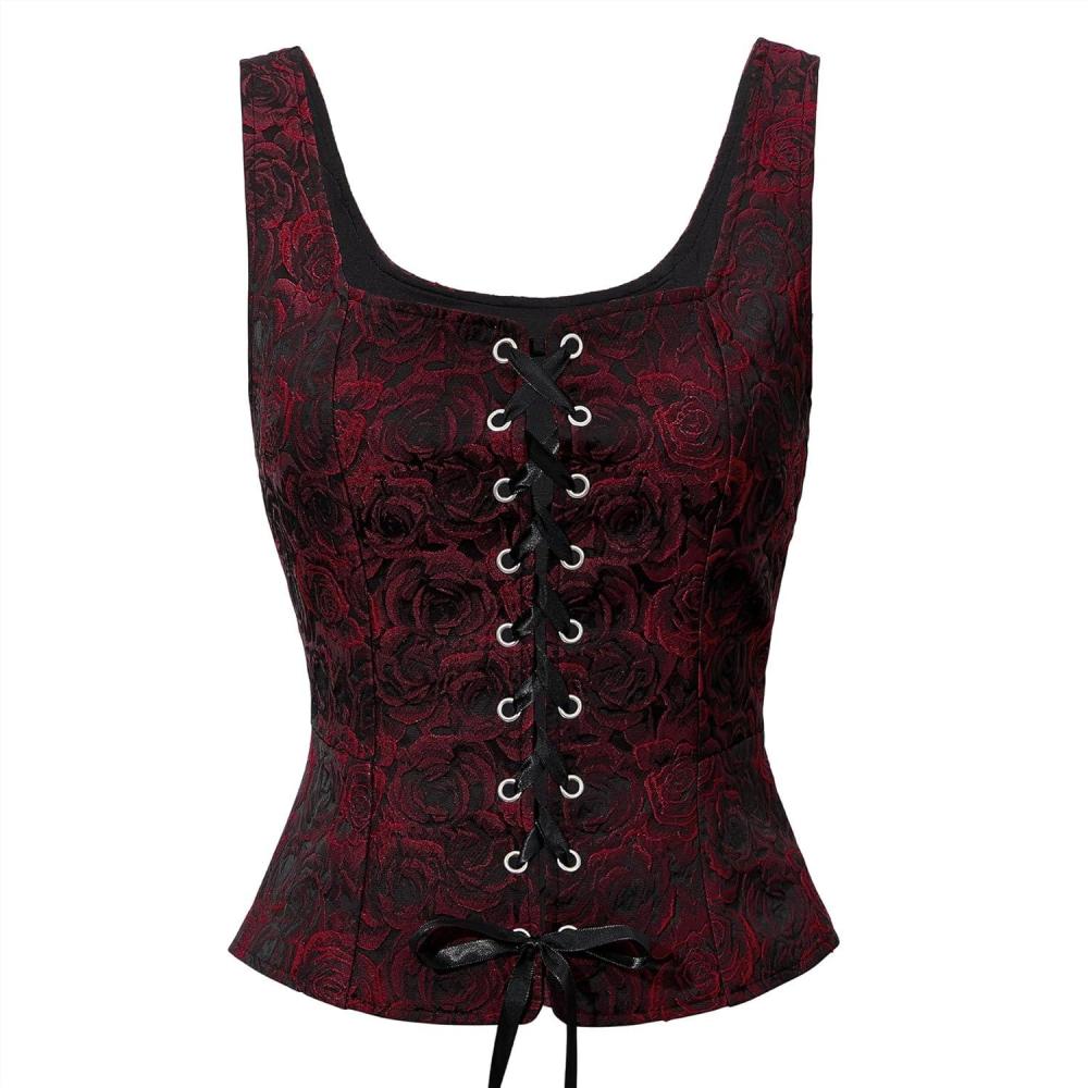 imageZando Renaissance Costume Women Pirate Medieval Viking Corsets Top Vintage Costume Steampunk Gothic Tank TopBlack Red Roses