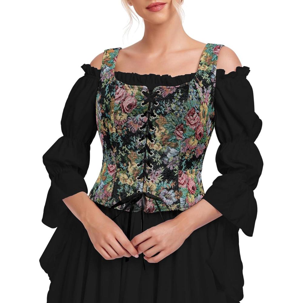 imageZando Renaissance Costume Women Pirate Medieval Viking Corsets Top Vintage Costume Steampunk Gothic Tank TopBlack Renaissance Floral