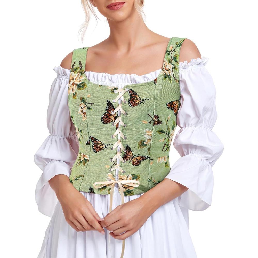 imageZando Renaissance Costume Women Pirate Medieval Viking Corsets Top Vintage Costume Steampunk Gothic Tank TopGreen Floral Butterfly