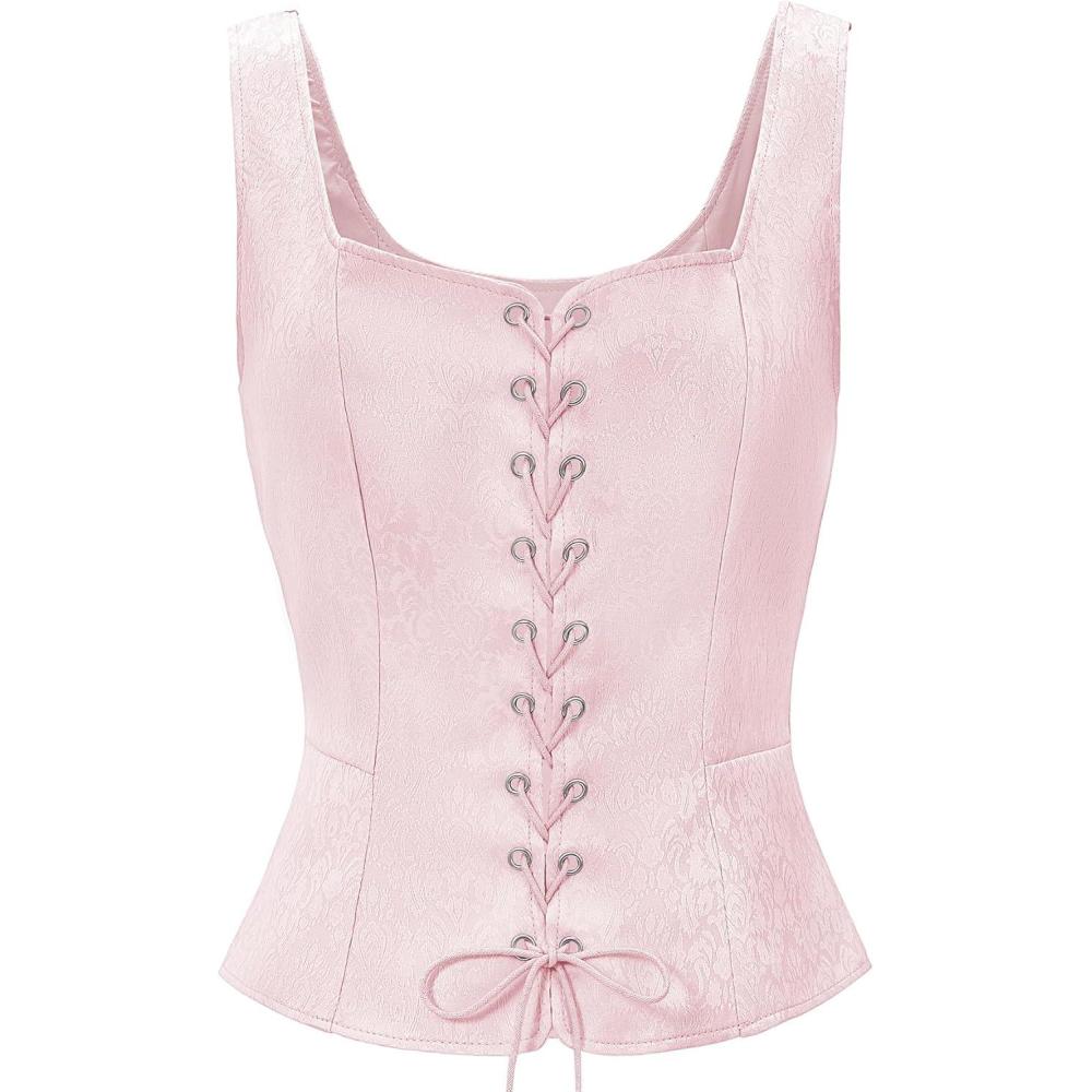 imageZando Renaissance Costume Women Pirate Medieval Viking Corsets Top Vintage Costume Steampunk Gothic Tank TopPink Jacquard