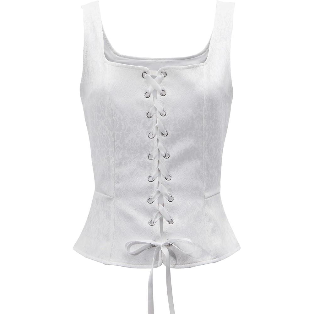 imageZando Renaissance Costume Women Pirate Medieval Viking Corsets Top Vintage Costume Steampunk Gothic Tank TopWhite Jacquard