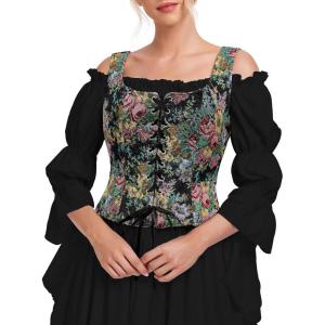 imageZando Renaissance Costume Women Pirate Medieval Viking Corsets Top Vintage Costume Steampunk Gothic Tank TopBlack Renaissance Floral