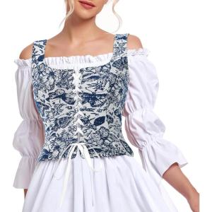 imageZando Renaissance Costume Women Pirate Medieval Viking Corsets Top Vintage Costume Steampunk Gothic Tank TopBlue Butterfly Print