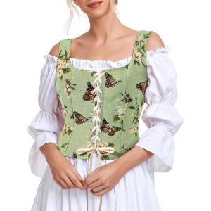 imageZando Renaissance Costume Women Pirate Medieval Viking Corsets Top Vintage Costume Steampunk Gothic Tank TopGreen Floral Butterfly